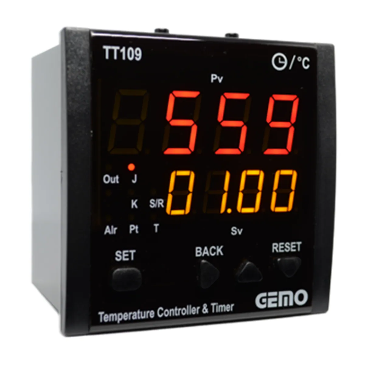 GEMO TT109A-24V-R Auto-Tune PID Temperature Controller with Built-In Timer Relay, 96 x 96 mm, 18..32 VDC / 14..28 VAC, Relay Control Output, Relay Alarm Output