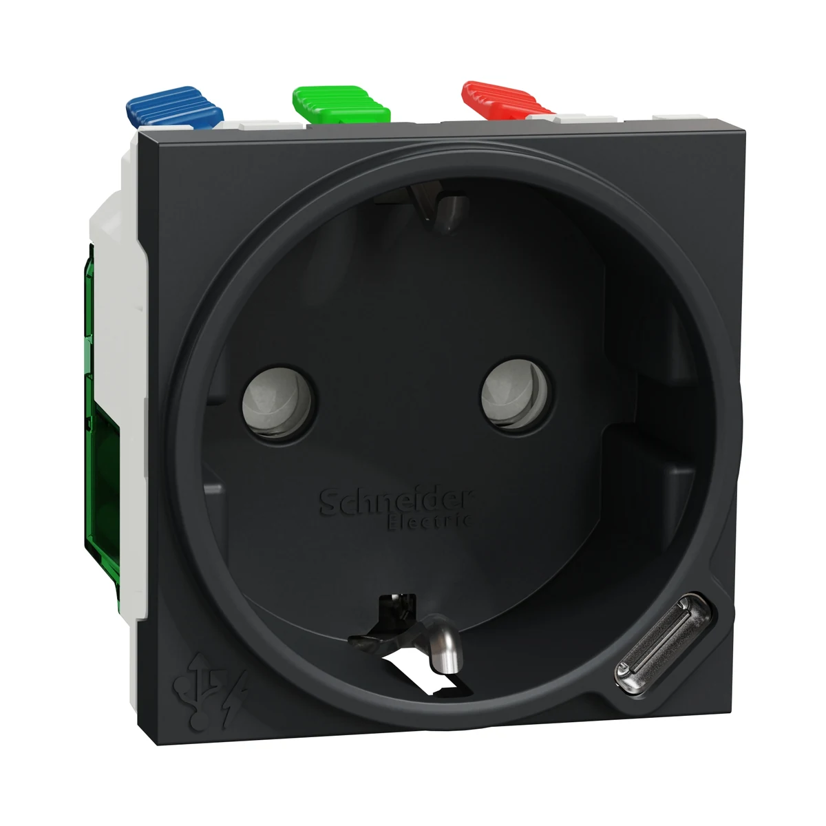 Schneider Electric NU301754 Yeni Unica, Type-C USB'li Çocuk Korumalı Topraklı Priz 2 modül, Antrasit — üretici ürün görseli