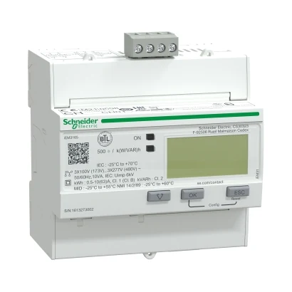 Schneider Electric A9MEM3165 iEM3165, 63A direkt bağlantılı 3-faz kWH ölçer, BACnet MID — üretici katalog görseli