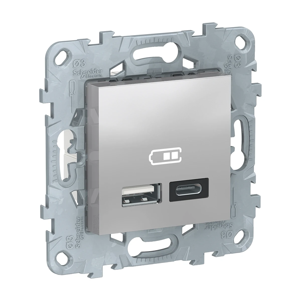 Schneider Electric NU501830 Yeni Unica, 2xUSB Şarj Prizi 2,4A Type A+C 2m, Montaj Plakalı, Alüminyum — üretici ürün görseli